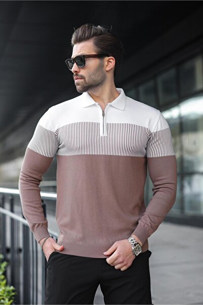 Madmext Brown Zipper Collar Color Block Long Sleeve Sweater 7262