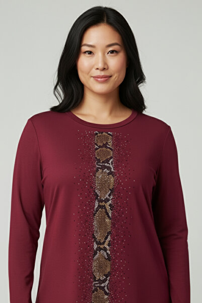 Mivoon Women's Plus Size Crew Neck Long Sleeve Stone Detailed Stretchy Blouse