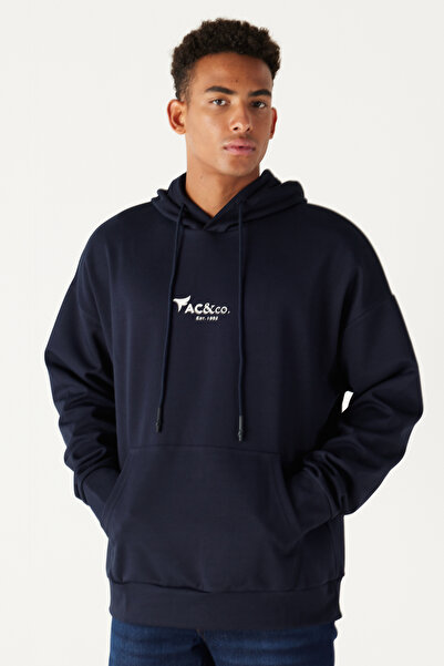 AC&Co / Altınyıldız Classics Marineblaues Oversize-Sweatshirt mit lockerem Schnitt, Kapuze und Baumwolldruck
