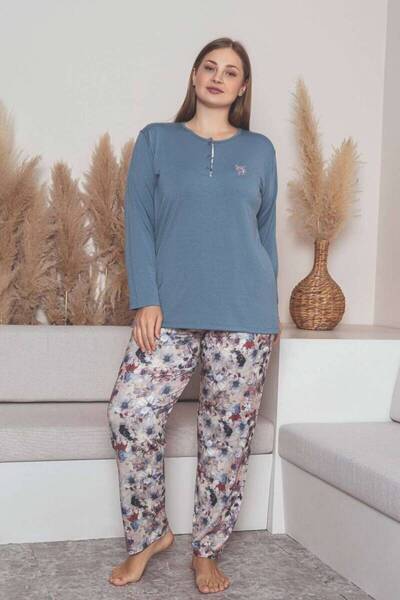 ALİMER Plus Size Pajama Set - Indigo Purple Floral Pattern Long Sleeve L Stretch Fabric Combed Cotton 2859Uyb