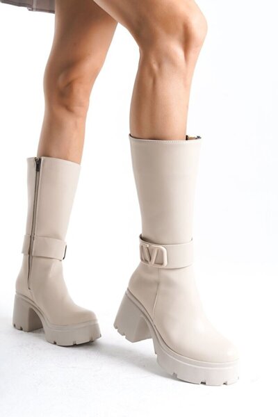 Zerenyus Moki Premium Beige V Detailed High Comfortable Heeled Short Boots
