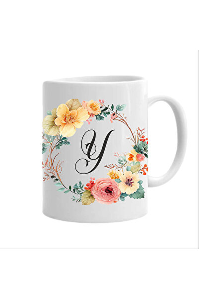 AFFIX THE DIFFERENT PERSPECTIVE Personalized mug with initial name, white, 350ml, Flower-Alphabet Collection, letter Y