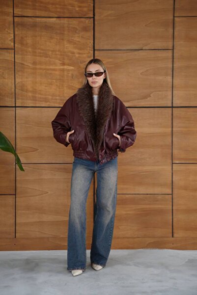 D'RECCY Women's Fur Collar Bomber Leather Jacket