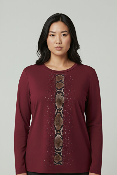 Mivoon Women's Plus Size Crew Neck Long Sleeve Stone Detailed Stretchy Blouse