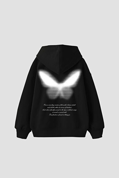 Bak Moda Dot Butterfly Printed Oversized Unisex Black Hoodie