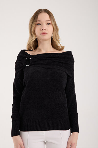 Moda Days Women's Black Chenille Velvet Accessory Shawl Collar Knitwear Sweater