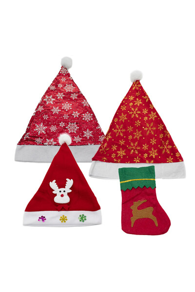 velve Set of 3 Christmas-themed hats and 1 sock