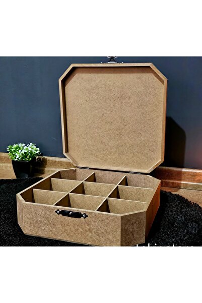 Tekir Store evinizi güzelleştirin Wooden Octagonal Square Model 9-Compartment Jewelry Watch Accessory Storage Box Hobby Raw Paintable Mdf