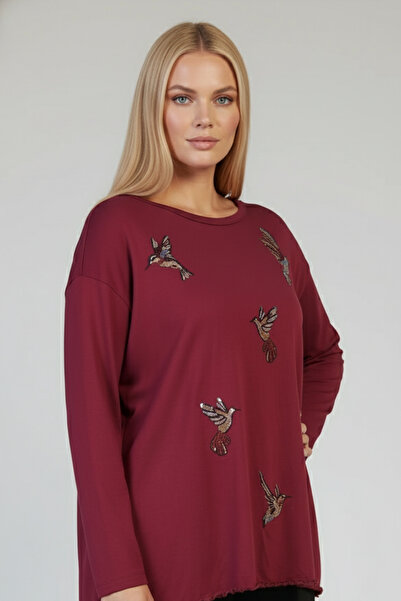 Mivoon Women's Plus Size Crew Neck Long Sleeve Stone Detailed Stretchy Blouse