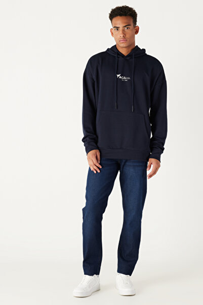 AC&Co / Altınyıldız Classics Marineblaues Oversize-Sweatshirt mit lockerem Schnitt, Kapuze und Baumwolldruck