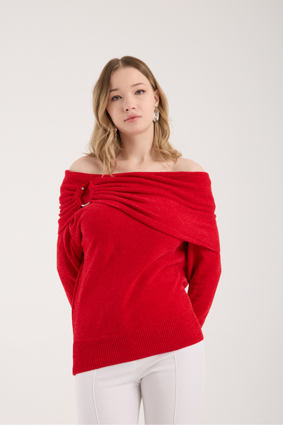 Moda Days Women's Red Chenille Velvet Accessory Shawl Collar Knitwear Sweater