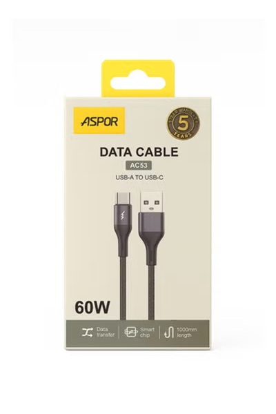 Aspor كيبل شحن يو إس بي تو تايب سي بقوة شحن 5 أمبير طول 1 متر موديل AC-53, أسود