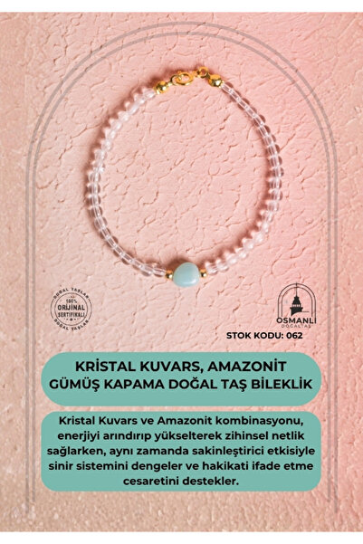 OSMANLI DOĞAL TAŞ Certified Crystal Quartz, Amazonite Silver Clasp Natural Stone Bracelet (Sk:062)
