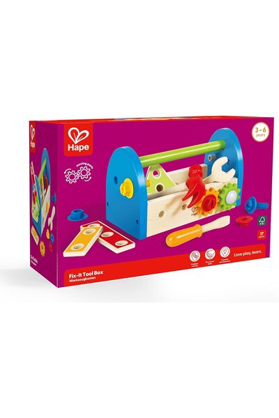 Hape Fix-It Wooden Tool Box with Accessories - 14-Piece Construction Workbench Set for Kids