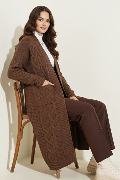 benguen Πλεκτή Ζακέτα Μακρύ Πλεκτό Μοτίβο R2817 Καφέ