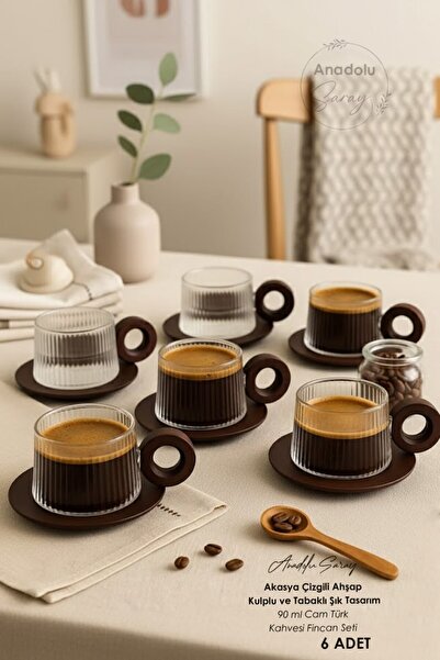 Anadolu Saray Set of 6 90 ml Glass Turkish Coffee Cups – Stylish Design with Acacia Striped Wooden Handles and Saucers
