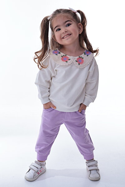 CQCQ طقم رياضي قطني للفتيات / الأطفال مكون من خيطين - مزين بياقة من الدانتيل ...