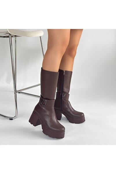 Zerenyus Moki Premium Brown V Detailed High Comfortable Heeled Short Boots