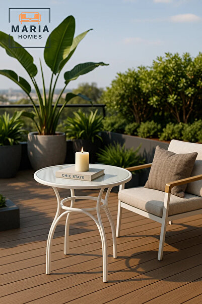 MARIA HOMES Modern White Round Cafe Table 60x60x60 cm Metal Outdoor Indoor Coffee Table