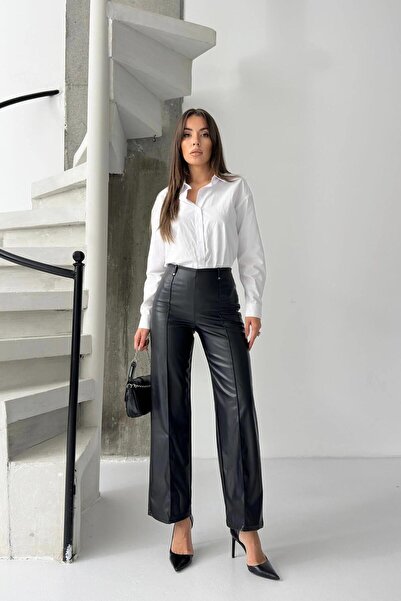 Mine Tan Butik talie înaltă Pantaloni largi din piele pentru femei - negru