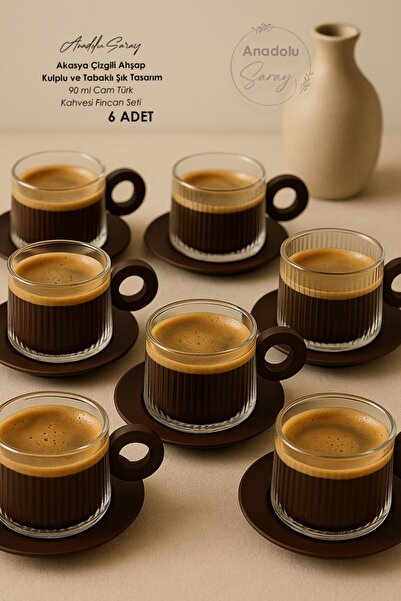 Anadolu Saray Set of 6 90 ml Glass Turkish Coffee Cups – Stylish Design with Acacia Striped Wooden Handles and Saucers