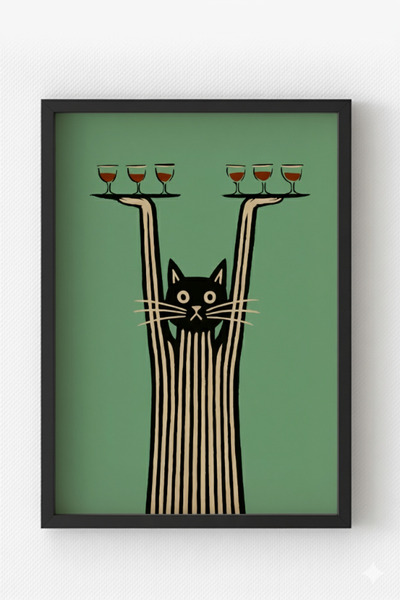MIOVI Siyah Ahşap Çerçeveli Şarap Servisi Kedi Tablo – Yeşil Arka Plan Modern...
