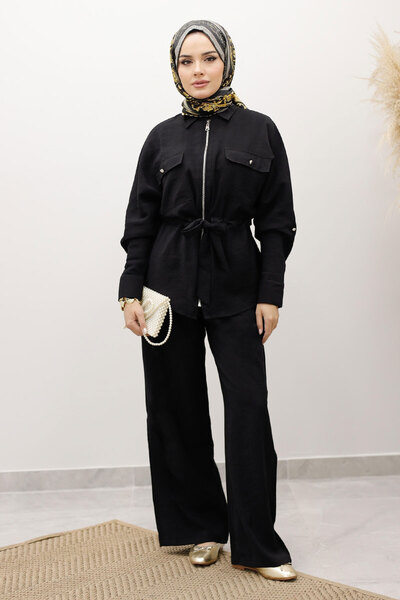 Tesettür Dünyası Drawstring Waist Zippered Double Suit Tsd250252 Black
