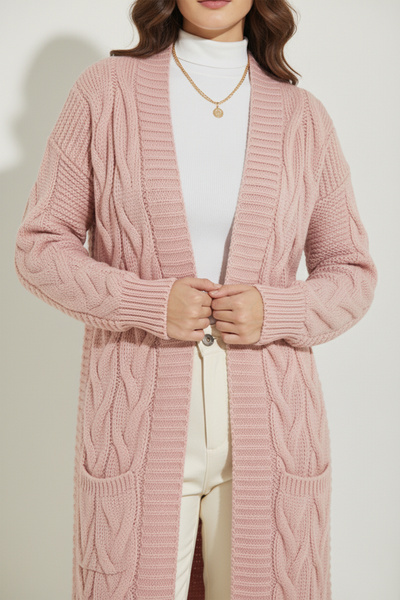 benguen Πλεκτή Ζακέτα Μακρύ Πλεκτό Μοτίβο R2817 Πούδρα