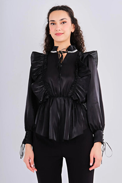 Lila Rose Yakası Taş Baskılı Fırfırlı Saten Organze Bluz