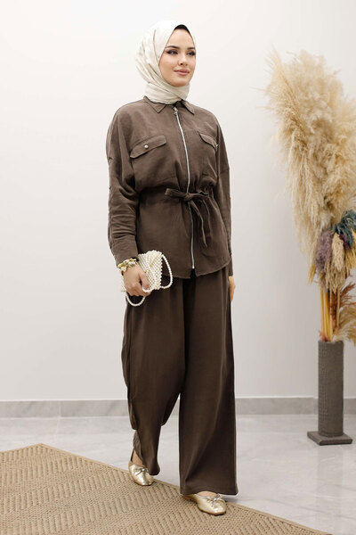 Tesettür Dünyası Drawstring Waist Zippered Double Suit Tsd250252 Brown