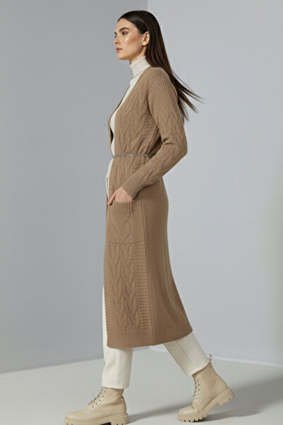 benguen Πλεκτή Ζακέτα Μακρύ Πλεκτό Μοτίβο R2817 Camel