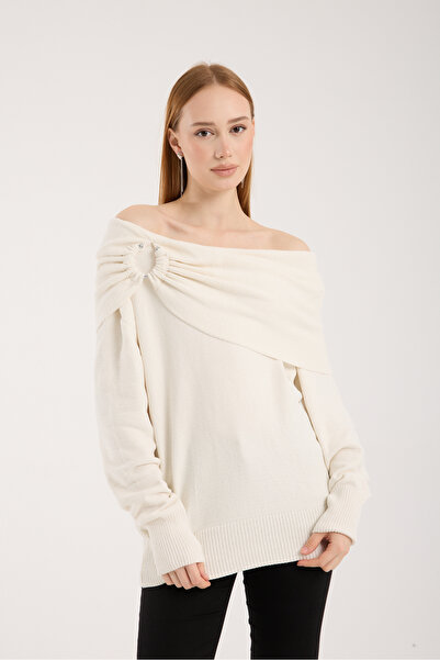 Moda Days Women's White Chenille Velvet Accessory Shawl Collar Knitwear Sweater