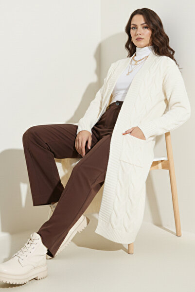 benguen Knitted Patterned Long Knitwear Cardigan R2817 Ecru