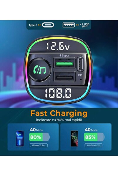 Timebox FM modulator, hands-free, fast car charger, Type-C, 2x QC3.0, BT 5.0, black