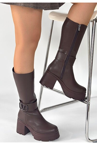 Zerenyus Moki Premium Brown V Detailed High Comfortable Heeled Short Boots