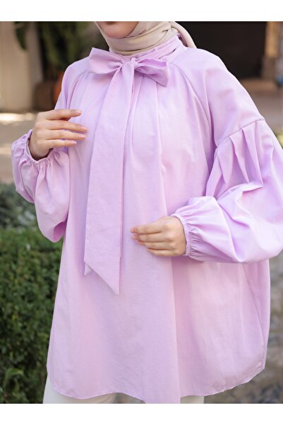 Nergis Neva Butik Tunic with Scarf at the Neck and Pleated Sleeves - Lilac - Nergis Neva