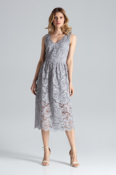 Figl Grey sleeveless dress, 7/8 length, made of lace - M639 size M