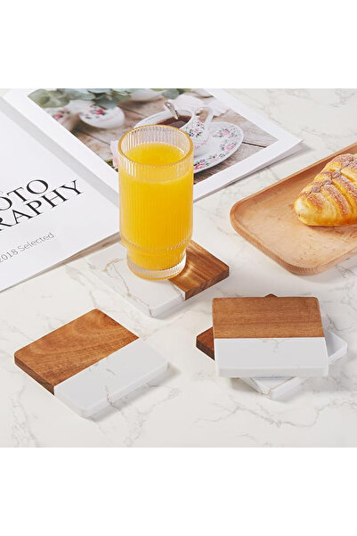 SanDonna Set of 2 square white glass coasters, made of marble and wood