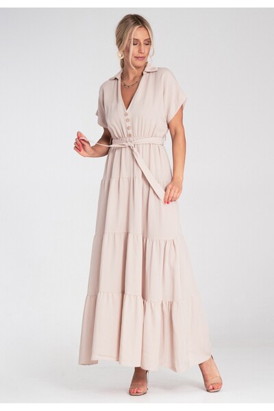 Figl Summer maxi dress - Dress with collar and ruffles - Beige M1195 size S/M