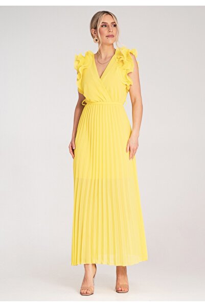 Figl Pleated maxi dress - Ruffle sleeve dress - Yellow dress M1189 size S/M