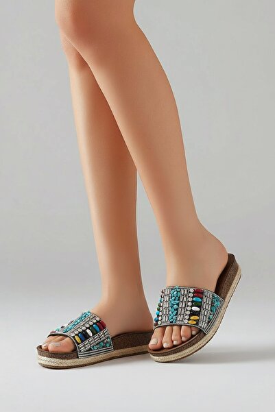 Konfores 2232-Pien Anatomical Cork Sole Beaded Women's Slippers