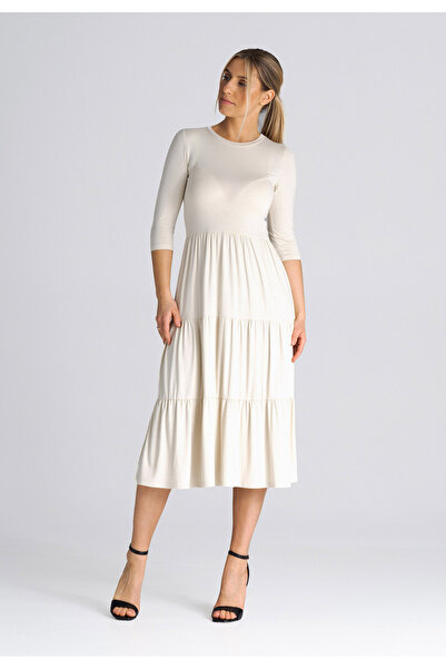 Figl Rochie mulată cu volane - rochie cu mâneci 3/4 bej M943 mărimea M