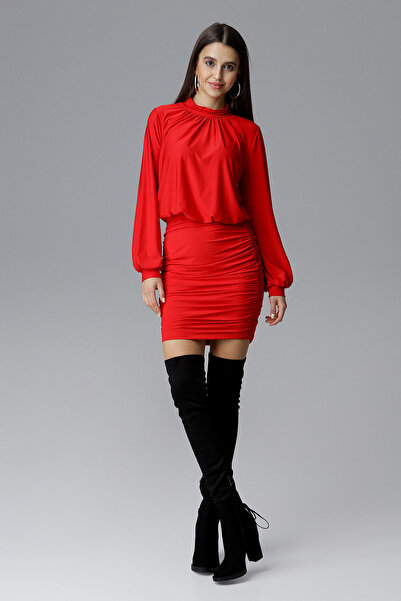 Figl Elegant red mini dress with ruffles and long sleeves - M635 size L