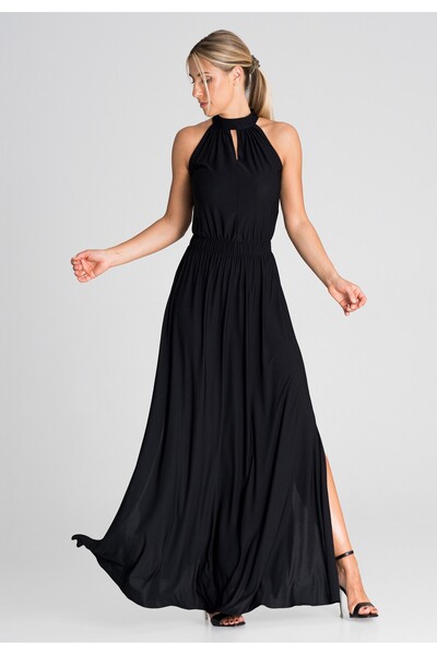 Figl Rochie lungă de seară - Rochie elegantă cu guler înalt, neagră M945, măr...