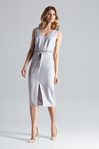 Figl Elegant gray midi dress with belt and V-neck - M633 size XL