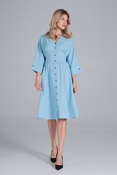 Figl Light blue midi dress with buttons and 3/4 sleeves for everyday wear - M843 size S