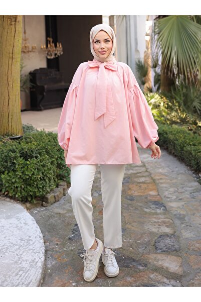 Nergis Neva Butik Tunic with Scarf at the Neck and Pleated Sleeves - Powder - Nergis Neva