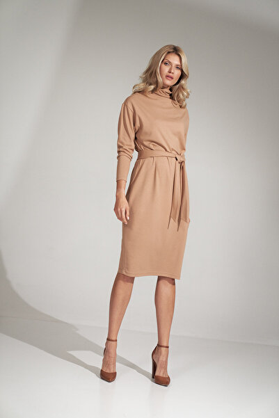 Figl Elegant beige midi dress with knot and long sleeves - M726 green S/M