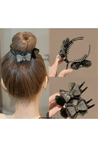 By Saadet Özkanlı مشبك شعر أسود من الأورجانزا مزين بفيونكة حجرية ومشبك على شك...