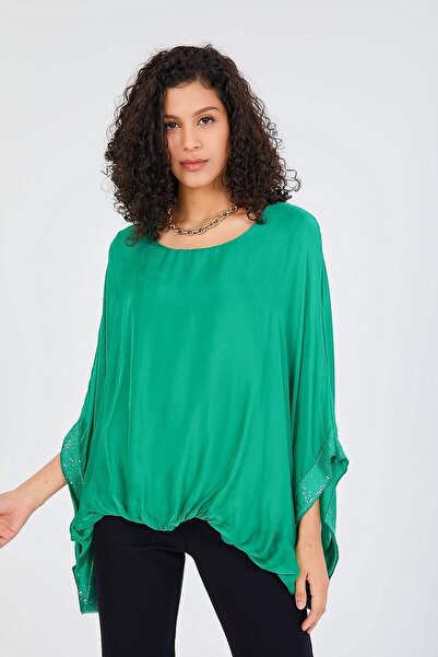 della moor Women's Green Italian Bat Sleeve Sequin Detailed Silk Blouse